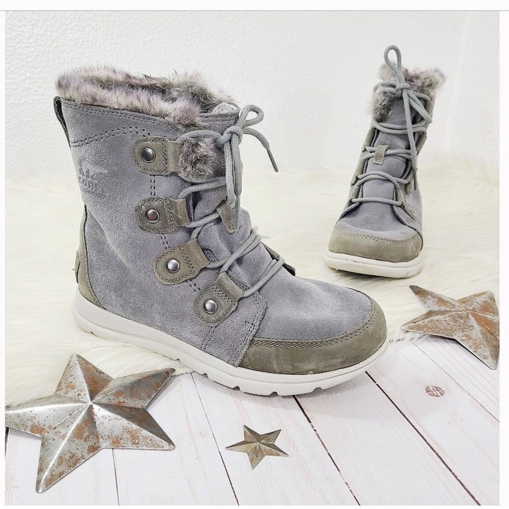 Sorel Explorer Joan boots gray suede fur trim lace up Winter Boots